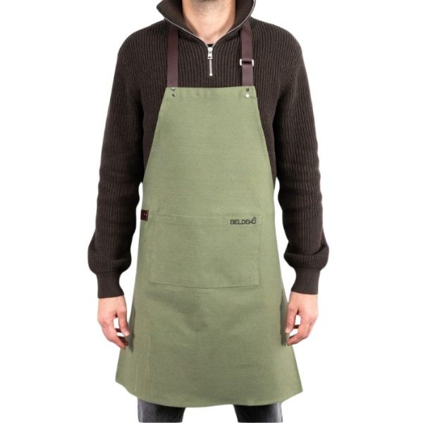 Tablier de cuisine Beldeko vert avec poches – Usage cuisine, pizza et barbecue